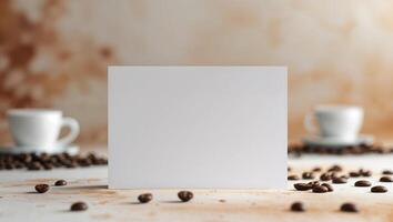 Blank white card with coffee beans on a rustic background photo