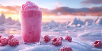 Refreshing raspberry shake on a snowy landscape during sunset with a colorful sky photo