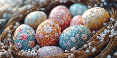 Decorative Easter eggs in a woven basket surrounded by delicate flowers on a sunny spring day photo