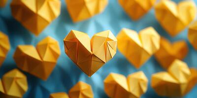 Colorful origami hearts hang against a soft blue background, creating a vibrant display of handmade art and creativity photo