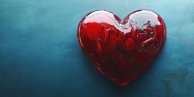 Large red heart-shaped object resting on a blue surface exhibits a shiny and smooth texture, creating a striking visual contrast photo