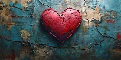 Vibrant red heart sculpture against weathered textured wall conveys emotion and depth photo
