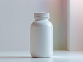 White plastic bottle on a table with a rainbow background photo