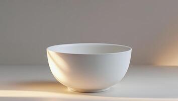 A white bowl sitting on a table in front of a wall photo