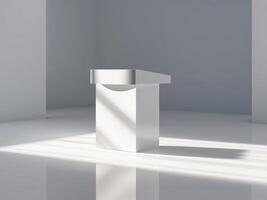 A podium in an empty room with sunlight coming in from the side photo