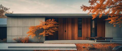 Modern house facade featuring concrete wood and autumn foliage photo