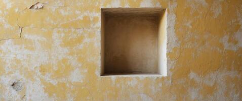 Weathered yellow plaster wall with cracked texture and recessed niche photo