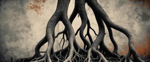 Intricate tree roots exposed above ground displaying unique halftone texture and grunge background photo