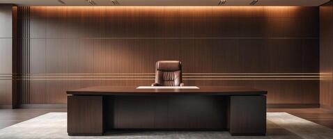 Executive office features a large desk and wooden paneled walls photo