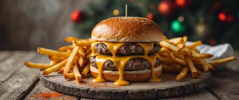 Indulgent double cheeseburger with melted cheese and crispy fries served on a wooden table with a blurred festive background photo