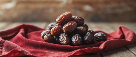 Dates on a red cloth on a wooden table photo