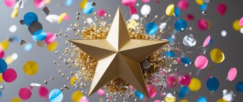 Gold star with confetti on grey background photo