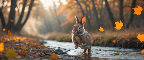 A rabbit is walking along a stream in the autumn photo