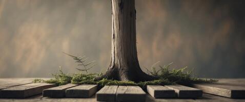 A tree growing out of a wooden plank photo