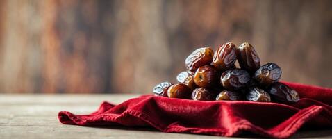 Dates on a red cloth on a wooden table photo