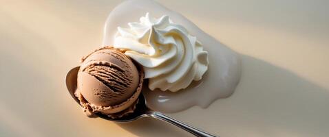 A scoop of ice cream with whipped cream on top photo