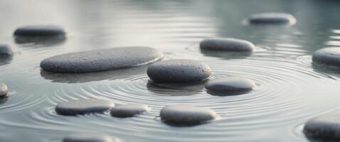 A group of rocks in a pond with water ripples photo