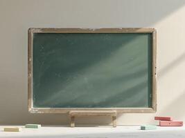 A blackboard with chalk and blocks on a white table photo