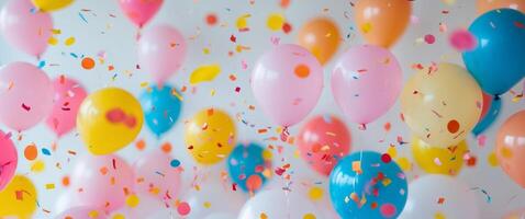 Many colorful balloons and confetti are floating in the air photo