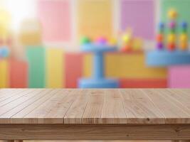 Table top in front of colorful toy room background photo