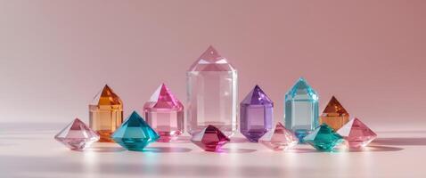 A group of colorful crystal stones on a pink background photo