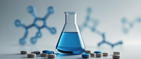Blue Laboratory Flask and Pills with Molecular Background. photo