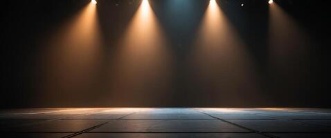 Empty stage illuminated by spotlights creating a dramatic atmosphere. photo