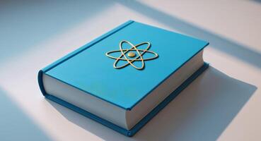 Blue Book with Atom Symbol on Top Representing Science and Education. photo