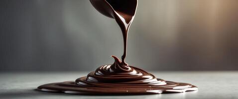 Melted dark chocolate pouring and creating swirls on a surface. photo