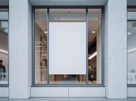 Modern office or shop building exterior with blank white mockup poster in window display for branding and advertisement. photo