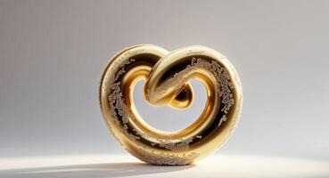 Golden pretzel sculpture with glossy finish and salted texture displayed on a simple background photo