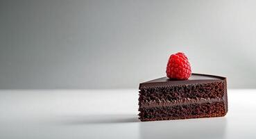 A slice of chocolate cake with raspberry on top photo