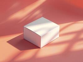 Blank White Box Mockup on Coral Background with Sunlight Shadows. photo