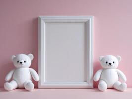 A white picture frame with a white stuffed animal on each side on a pink background photo