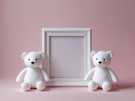 A white picture frame with a white stuffed animal on each side on a pink background. photo