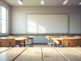 Empty Wooden Table Top with Blurred Classroom Background for Product Display or Education Themes photo