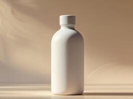 Blank White Bottle Mockup on Warm Beige Background Minimal Product Packaging Design photo