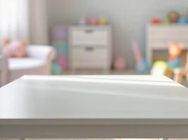 Empty White Table in Blurred Child's Room Background. photo