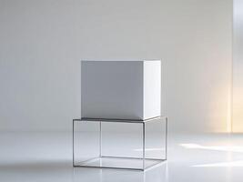 Sleek White Cube Pedestal Display on a Modern Stand photo