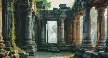 Ancient temple ruins overgrown with vines and moss. photo