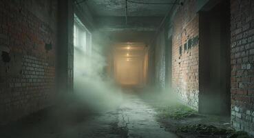 A dark hallway with smoke coming out of it photo