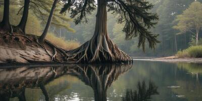 A tree with its roots in the water photo