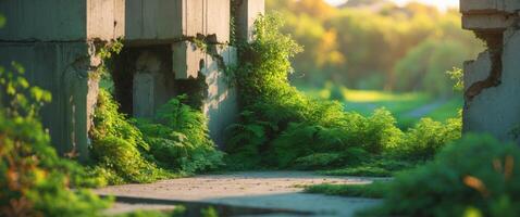 A path through a forest with grass and trees photo