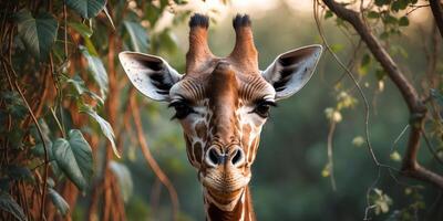 A giraffe is looking at the camera through some trees photo