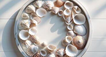 A circular frame with shells arranged in it photo