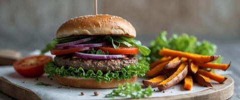 A hamburger with vegetables and a pickle on a wooden cutting board photo