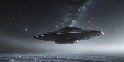 An alien spaceship flying over the moon photo