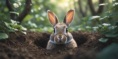 A rabbit is peeking out of a hole in the forest photo