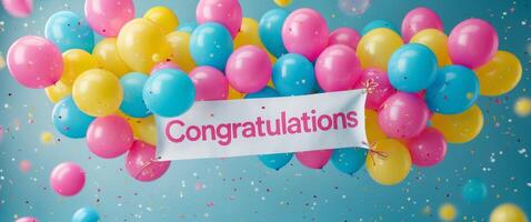 Congratulations banner with colorful balloons on blue background 3d illustration photo