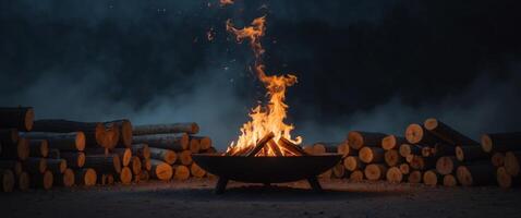 flames are lit in a fire pit with logs and logs. photo
